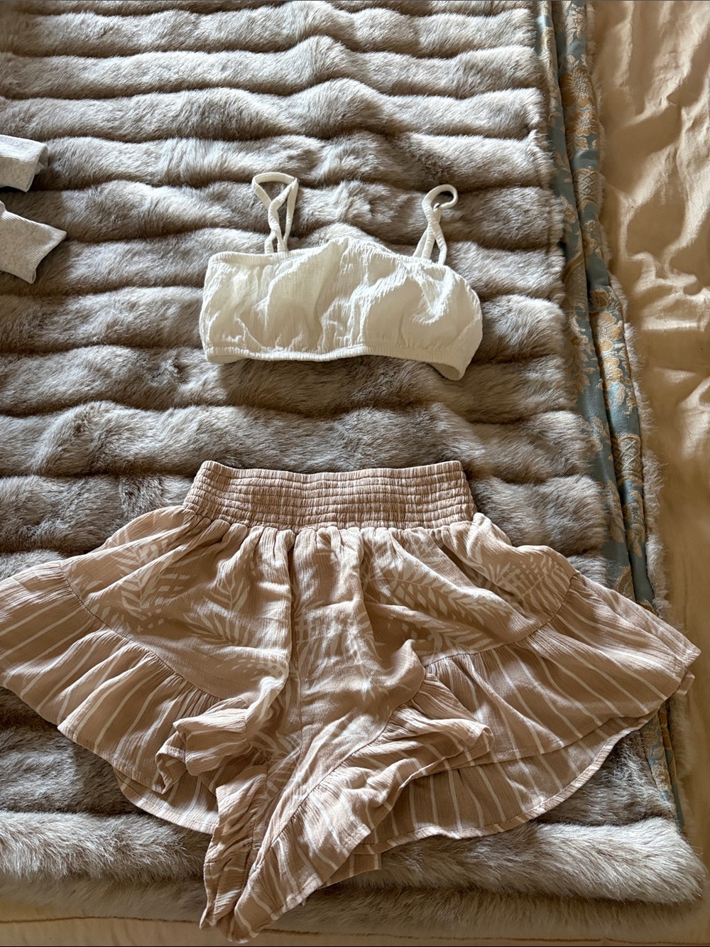 Cream Beachy Bralette and Tan Ruffle Shorts Set
